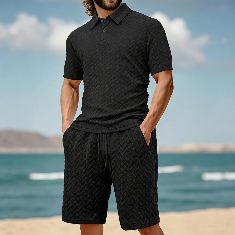 2026 New Men's Summer Casual Loose Fit T-Shirt Shorts Set Lapel Jacquard Thin Short-Sleeved Sports Polo Shirt Set