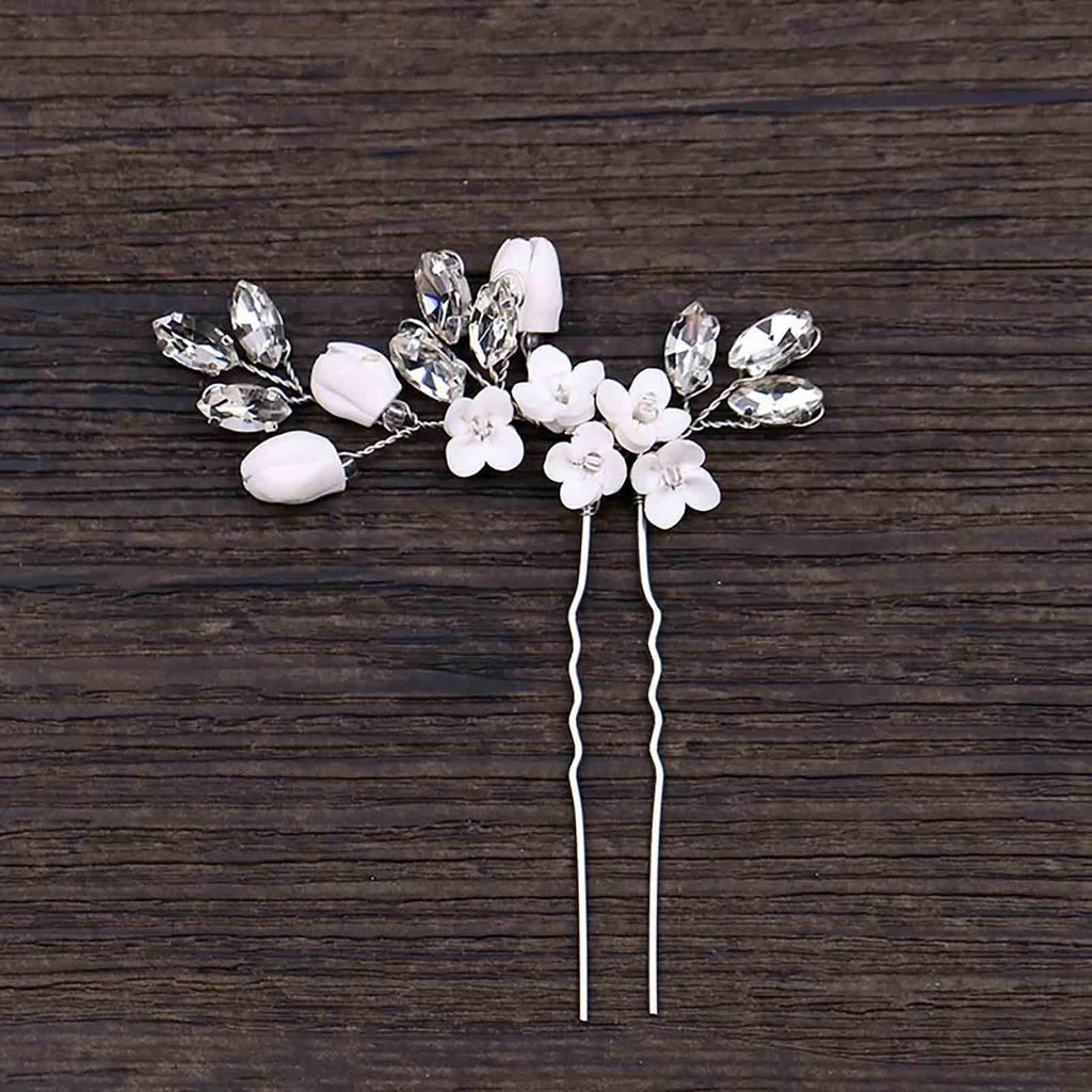 U Shape Hairpin for Women White Flower Decor Handmade Alloy Hairpin for Women Long & Thick Hair