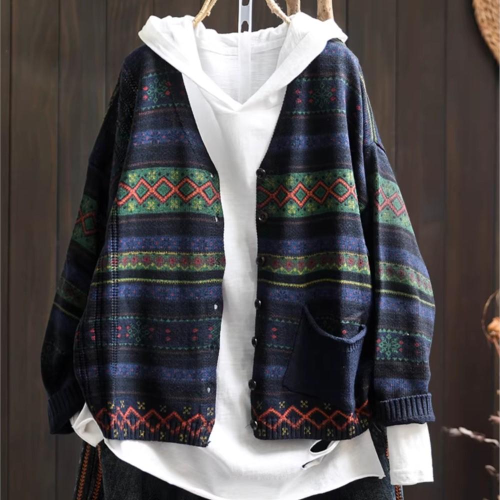 Johnature Women Vintage Sweaters Striped Print Floral Spring Chinese Style V-Neck Long Sleeve Knitted Sweaters