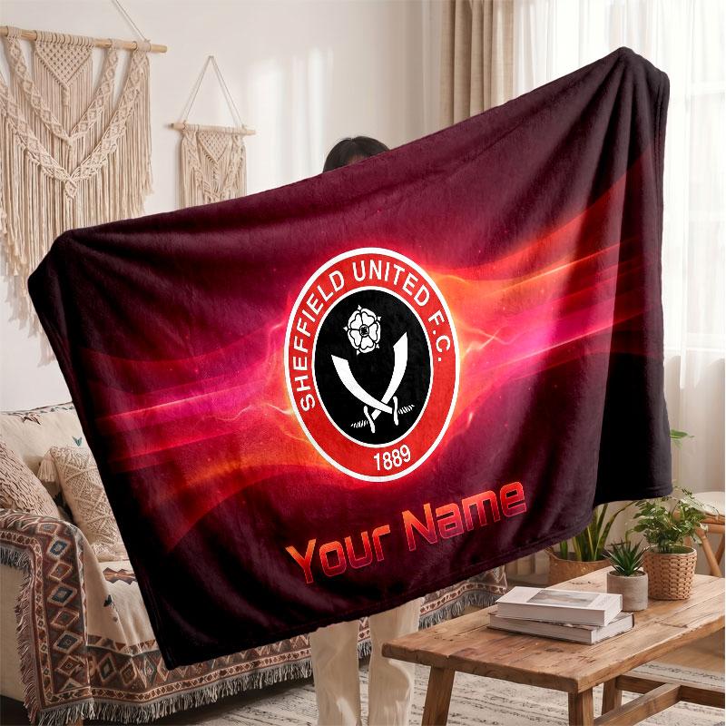 Sheffield United FC Personalized Fleece Blanket With Football Logo, Custom Name Text Soft Warm Home Throw Blanket