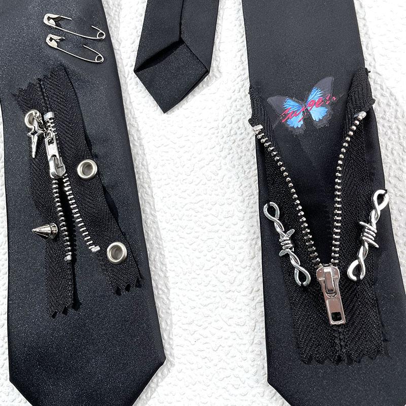 Handmade Zipper Punk Dark Y2K neck tie Cool Trendy Polyester Silk Personalized lazy Tie