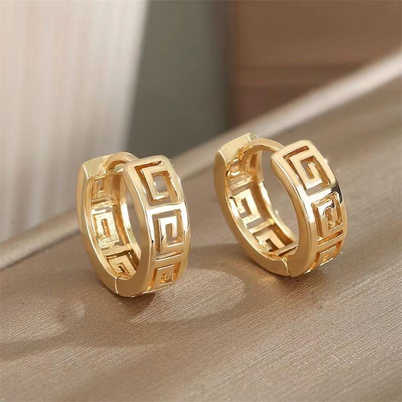 Vintage Geometry Mesh Pattern Hoop Earrings Copper Golden Plated Jewelry Simple Suitable For Women Daily Casual
