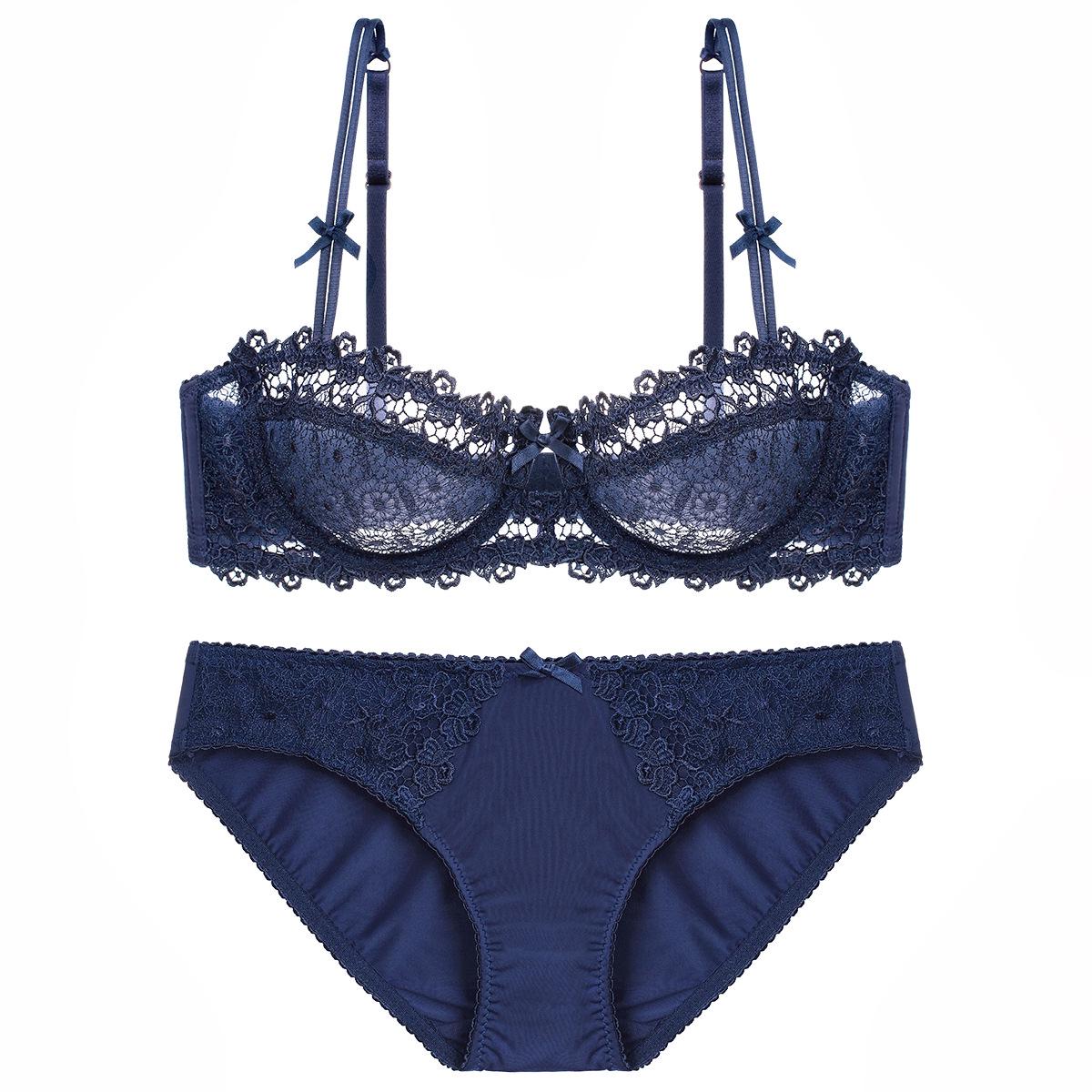 Europäischer & Amerikanischer Ultradünner Transparenter Halbschalen-Spitzen-BH-Set - Sexy und Anti-Hänge-Design 75D blau