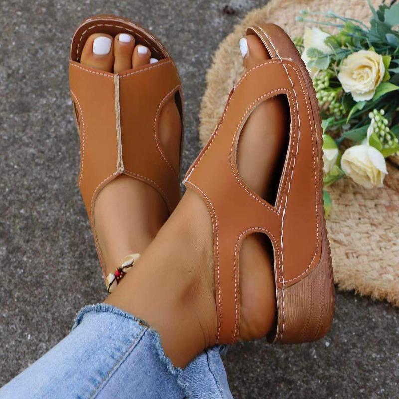 Mid Heel Strappy Back Sandals - Soft PU Sole, Comfortable Open Toe, Ankle Buckle, Side Cut Out, Solid Color Pull-On Shoes for Women