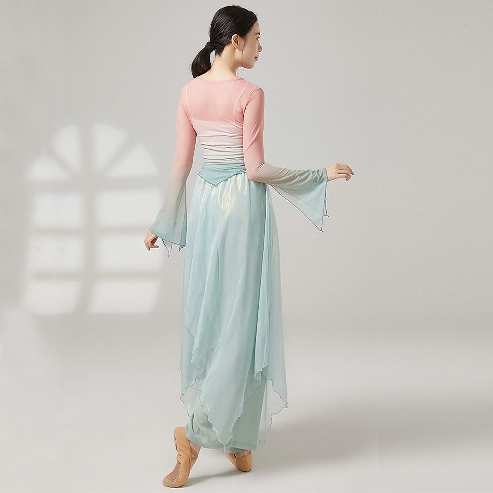 Chinese Hanfu Saree Blouse Gradient Dance Mesh Top Fashion Performance Training Costumes  Women