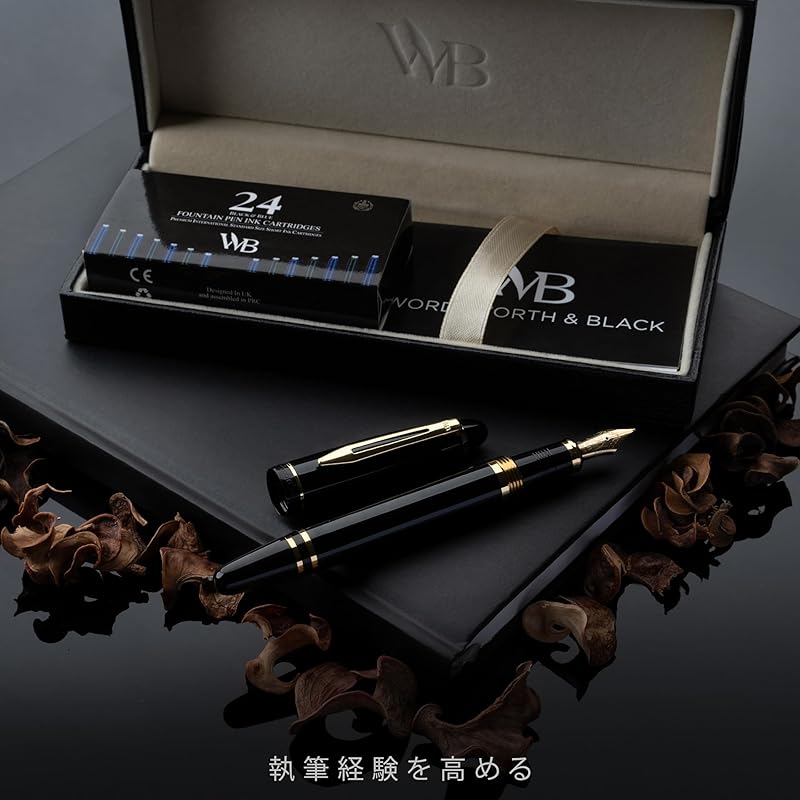 Wordsworth & Black Premium Metal Fountain Pen - Majesty (Black Gold) | 24 Fountain Pen Ink Cartridges (Black & Blue) | 24K Gold Finish | 18K