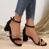 Fashion Black One-strap Square Toe High-heeled Sandals for Women, New Summer 2024 Slim Heels, Versatile, Open-toe Gold Heels