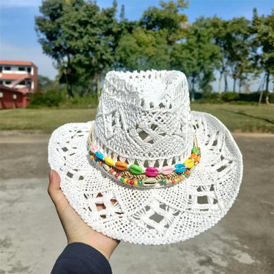 Solid Cowboy Straw Hat for Women Fashion Seashell Straw Cowboy Hat Beach Summer Cowboy Sunshade Jazz Hat Sombrero Vaquero Hombre