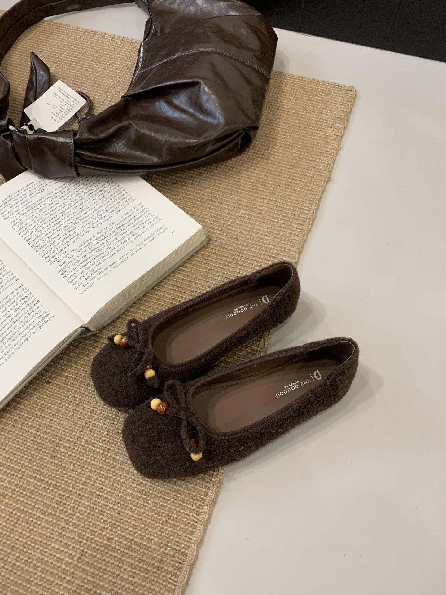 

Retro suede late evening wind bow round head shallow mouth Doudou shoes versatile not tired feet flat ballet single shoes women 39 коричневый