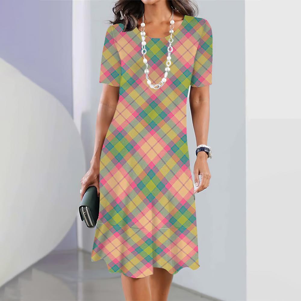 

New Plaid Graphic Print Dresses For Women Elegant Dresses Summer Medium Length Dress Plus Size Female Fashion S