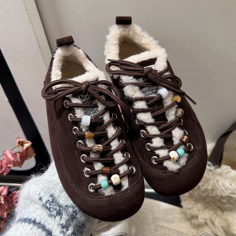 Inner Heightened Beaded Lambswool Plush Niche Casual Shoes Women's New Winter Thick-soled Warm Cotton Shoes