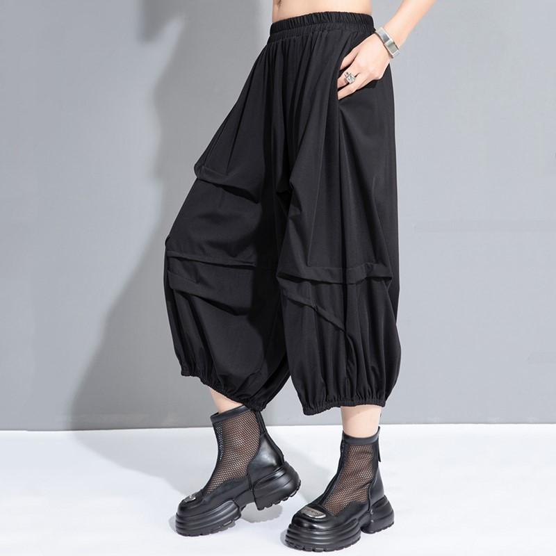 Black Plus size Vintage high Waist Casual loose Summer wide leg Pants Women Trousers