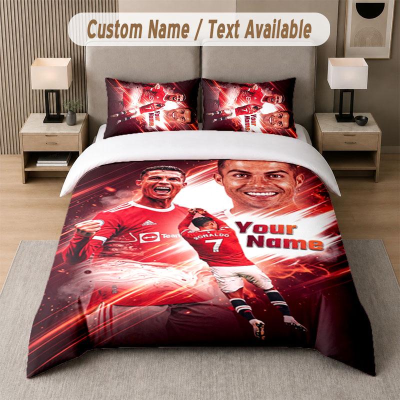 Set Biancheria da Letto Personalizzato Modello Cristiano Ronaldo, Stampa Nome Testo 1 Copripiumino più 2 Federe Tessile per la Casa