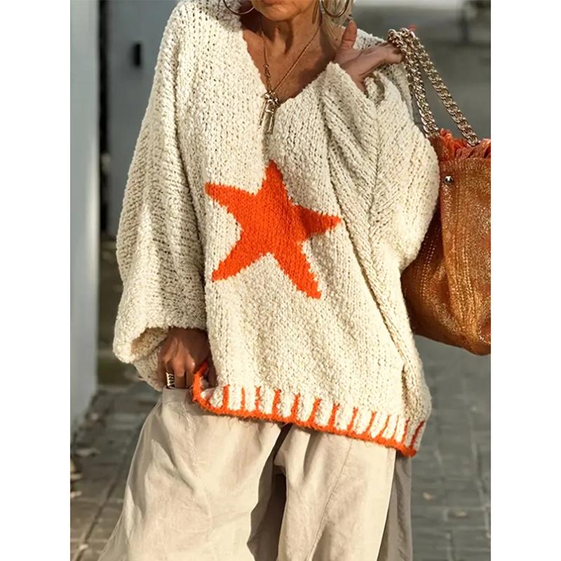 Women's Autumn Sweaters Casual Loose Star Pattern Women's Sweater Casual Loose Loop Yarn V-Neck Knitted Sweater Pullover