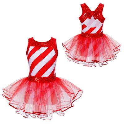 Dětské Dívky Vánoční Santa Kostým Flitry Pruhovaný tanec Tutu Leotard Šaty na krasobruslení