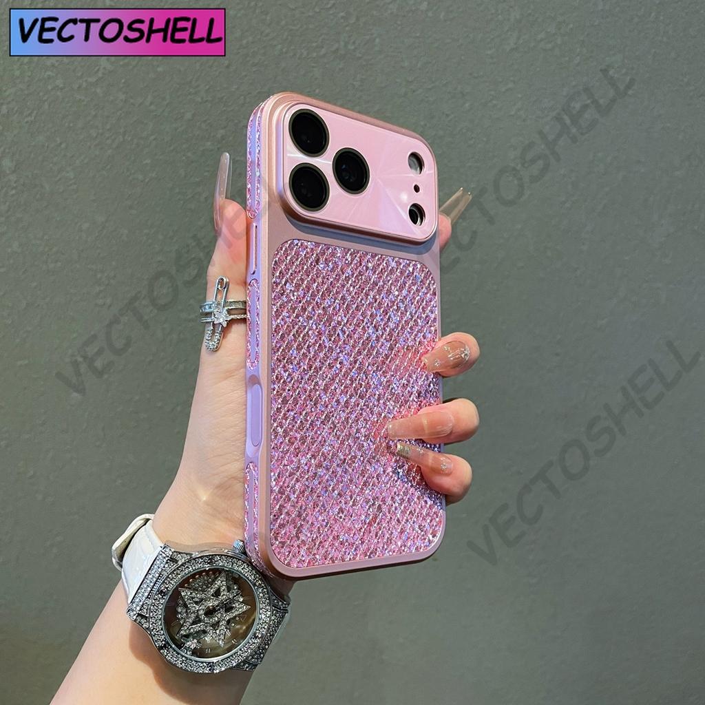 Fashion Blingbling Glitter Small Grid Pattern Window With Camera Glass Film Phone Cover Case for iPhone 17 16 15 14 13Pro Max