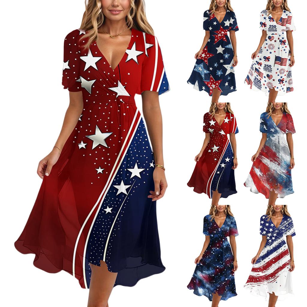 Women’s V Neck Short Sleeve Casual Dress with Printed Pattern Relaxed Fit Lightweight Fabric for Everyday Wear