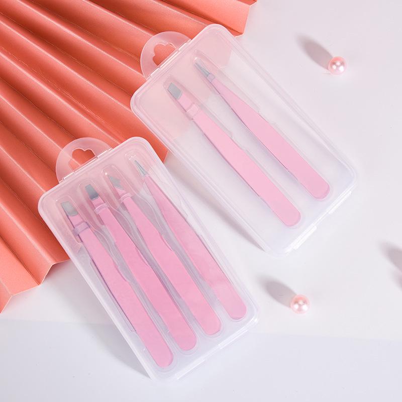 Pink Stainless Steel High Precision Slanted Eyebrow Tweezers with Pointed Hook in Plastic Box Set.