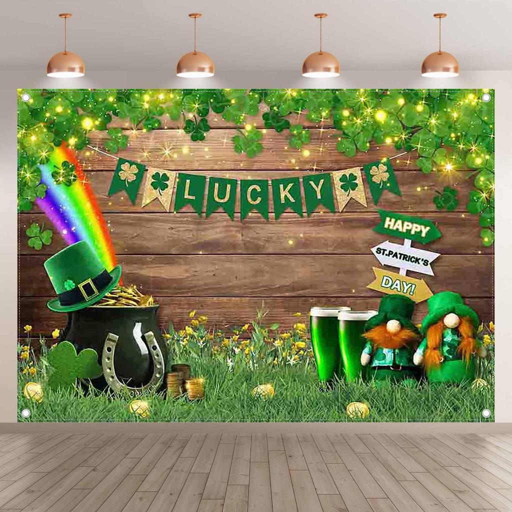 St. Patrick's Day Lucky Green Clover Photography Background, Rainbow Coins St. Patrick's Day Party Banner Photography Background8