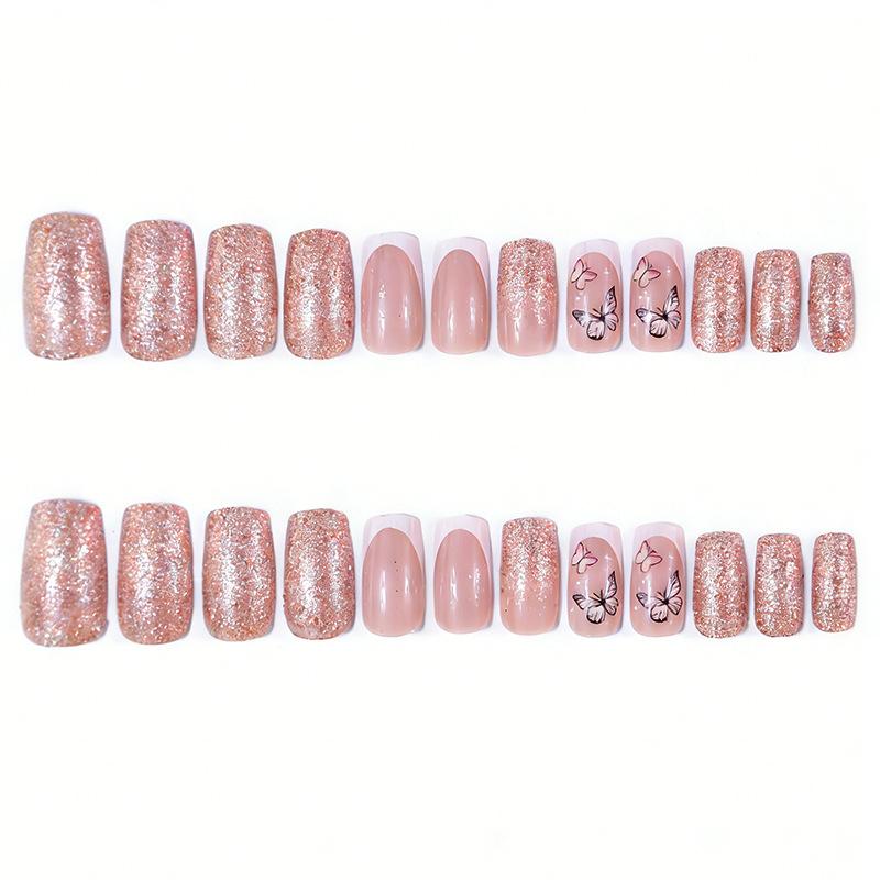 Medium rectangular glossy European and American 24 pieces of manicure, high-grade simple and elegant French butterfly glitter, wearing nail pads