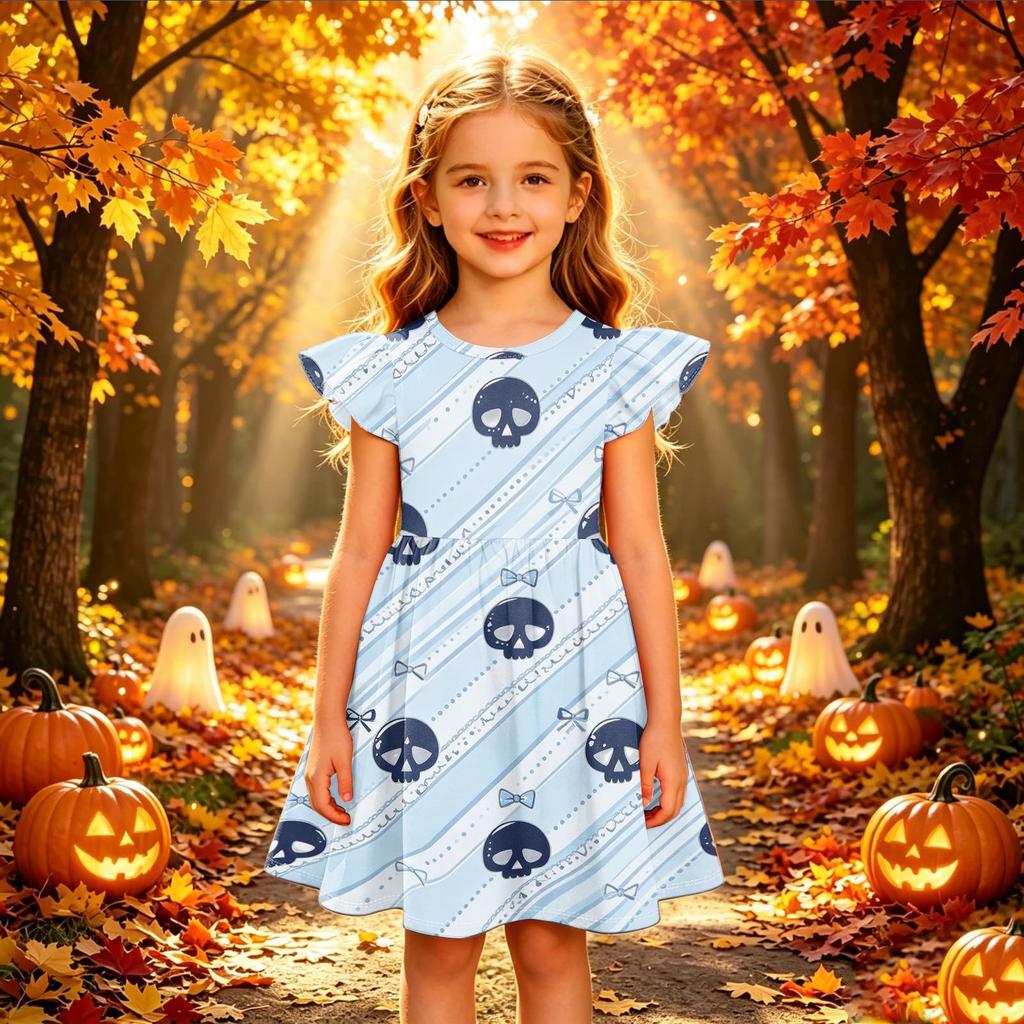 Kids Casual Halloween Printed Sleeve Dress for Party and Holiday