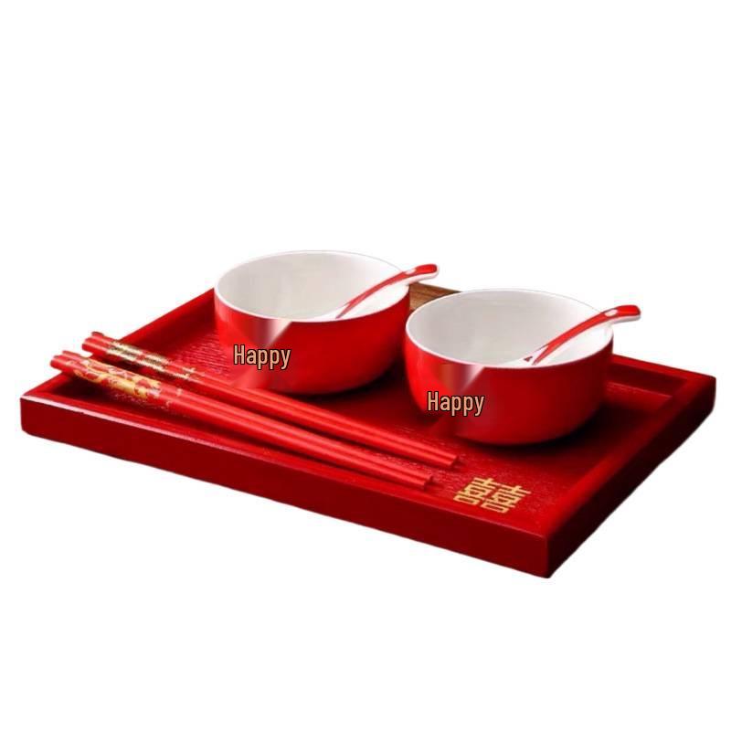 Double Happiness Red Wedding Bowl Set - Dowry and Dumpling Pair with Character Design