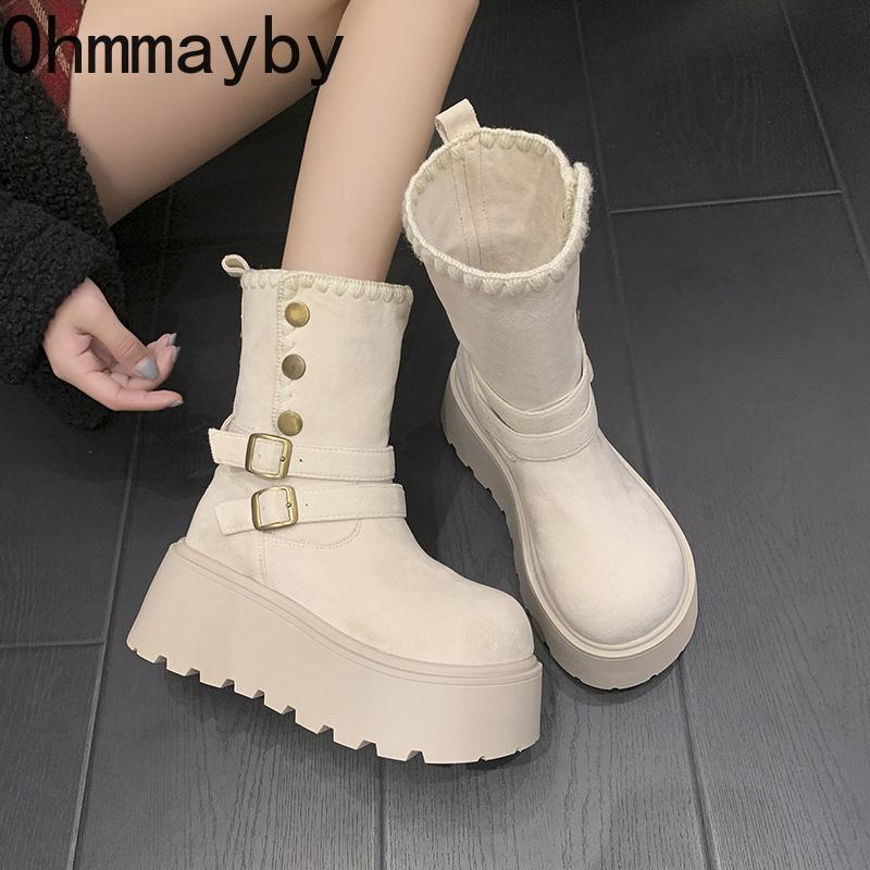 Winter Fashion Chunky Women Ankle Boots Height Increase Women's Short Plush Shoes Female Belt Buckle Platform Short Booties