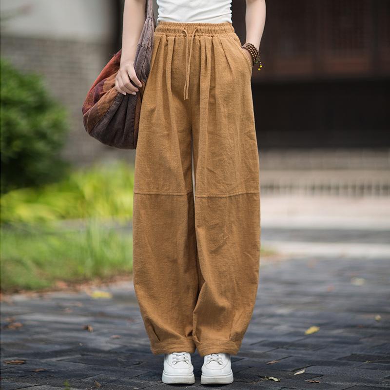 Johnature Women Vintage Harem Pants Solid Color Elastic Waist Autumn Belt Loose Female Patchwork Pants