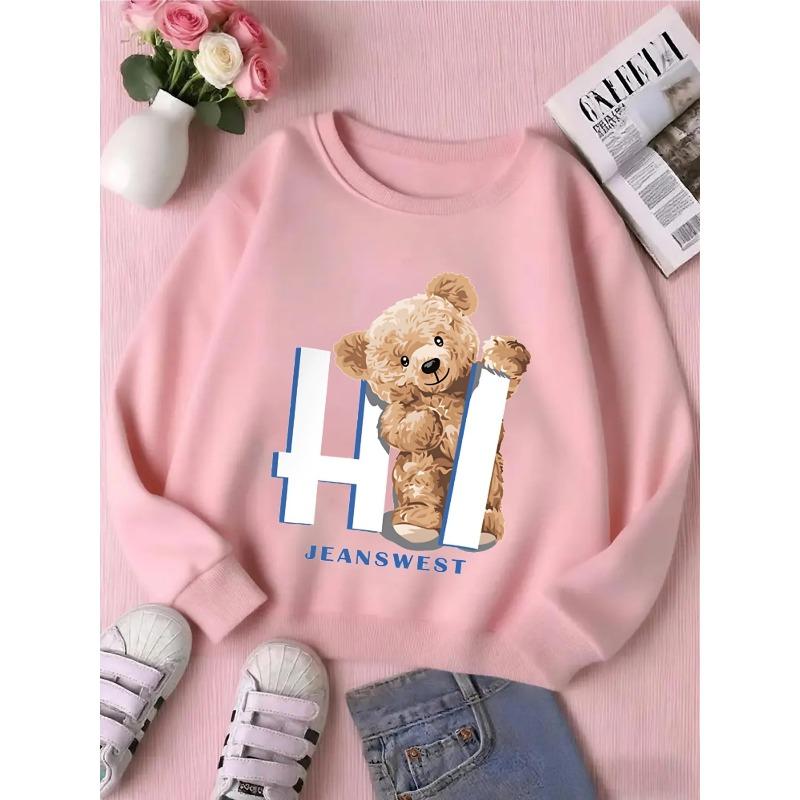 Kids Crewneck Long Sleeve Pullover Sweatshirt, Teddy Bear Holding Hi Sign Graphic Print