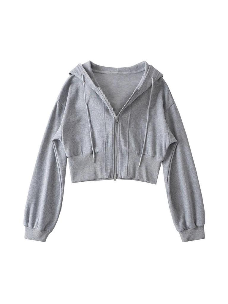 Women's Trendy European & American Double Zipper Hooded Sweatshirt - Solid Color, Loose Fit, High Waist Casual Jacket