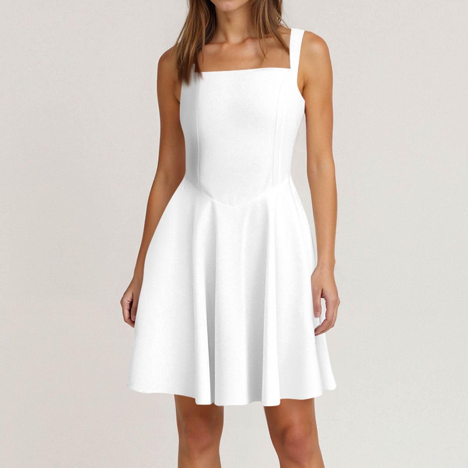 

Женское весенне-летнее повседневное платье с квадратным вырезом, однотонное платье без рукавов S белый