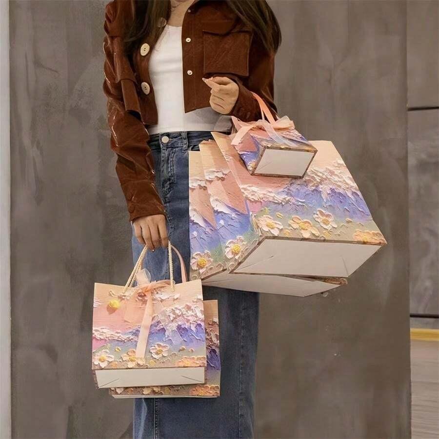 1pc Romantic Clouds, Mountains, Floral Pattern 3D Gift Bag, Pink, Birthday Party Holiday Thanksgiving Gift Bag, Birthday Gift Packaging Tote