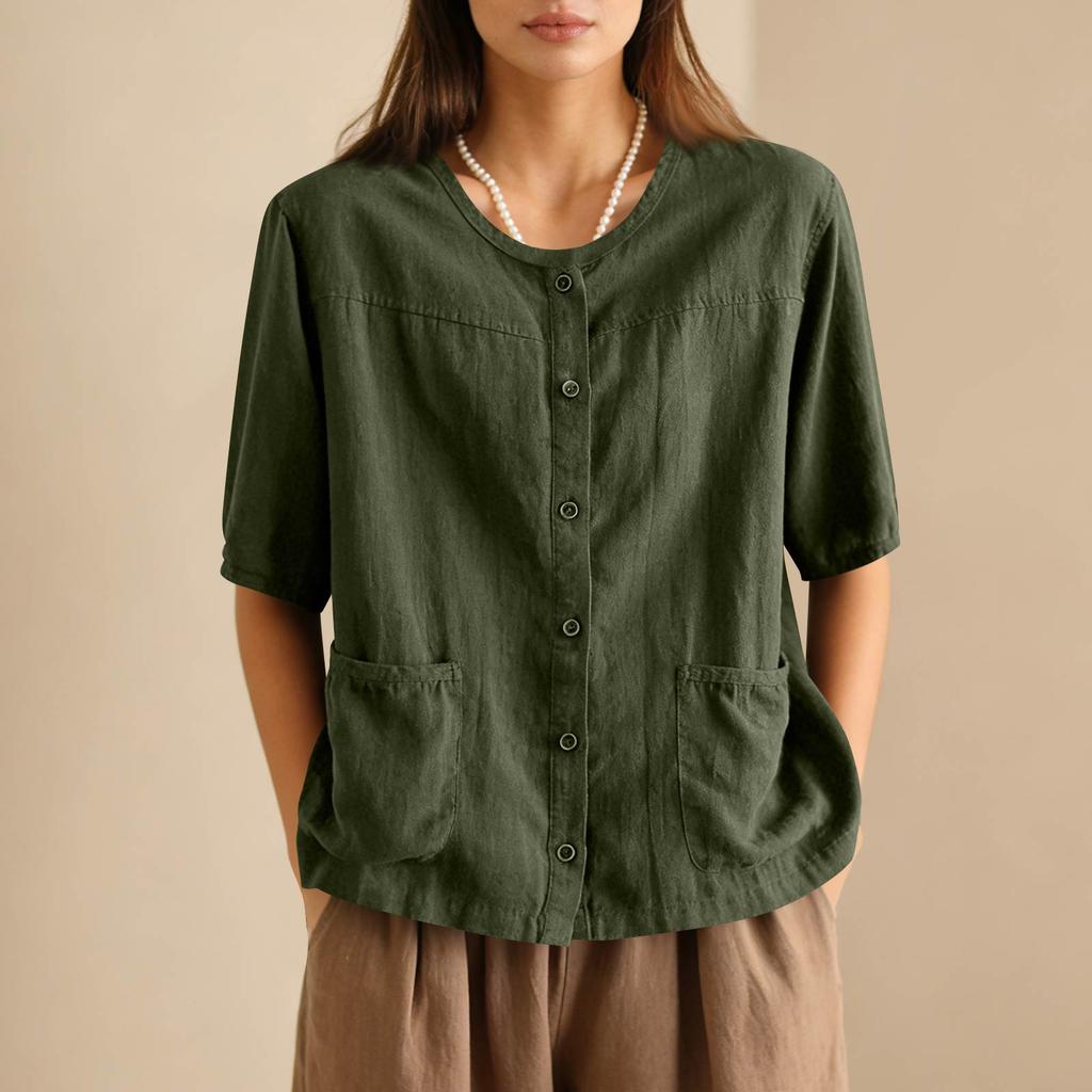Women's Vintage Oversized Literary Cardigan Cotton-Linen Blend With Pockets Single Breasted Button Up Short Sleeve Top With Elegant Appeal