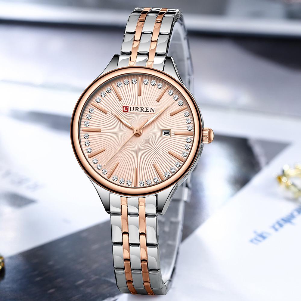 CURREN-Ladies' Luxury Rhinestone Inlaid Fashionable Business Quartz Watch Stainless Steel Simple Waterproof Luminous Calendar Watch