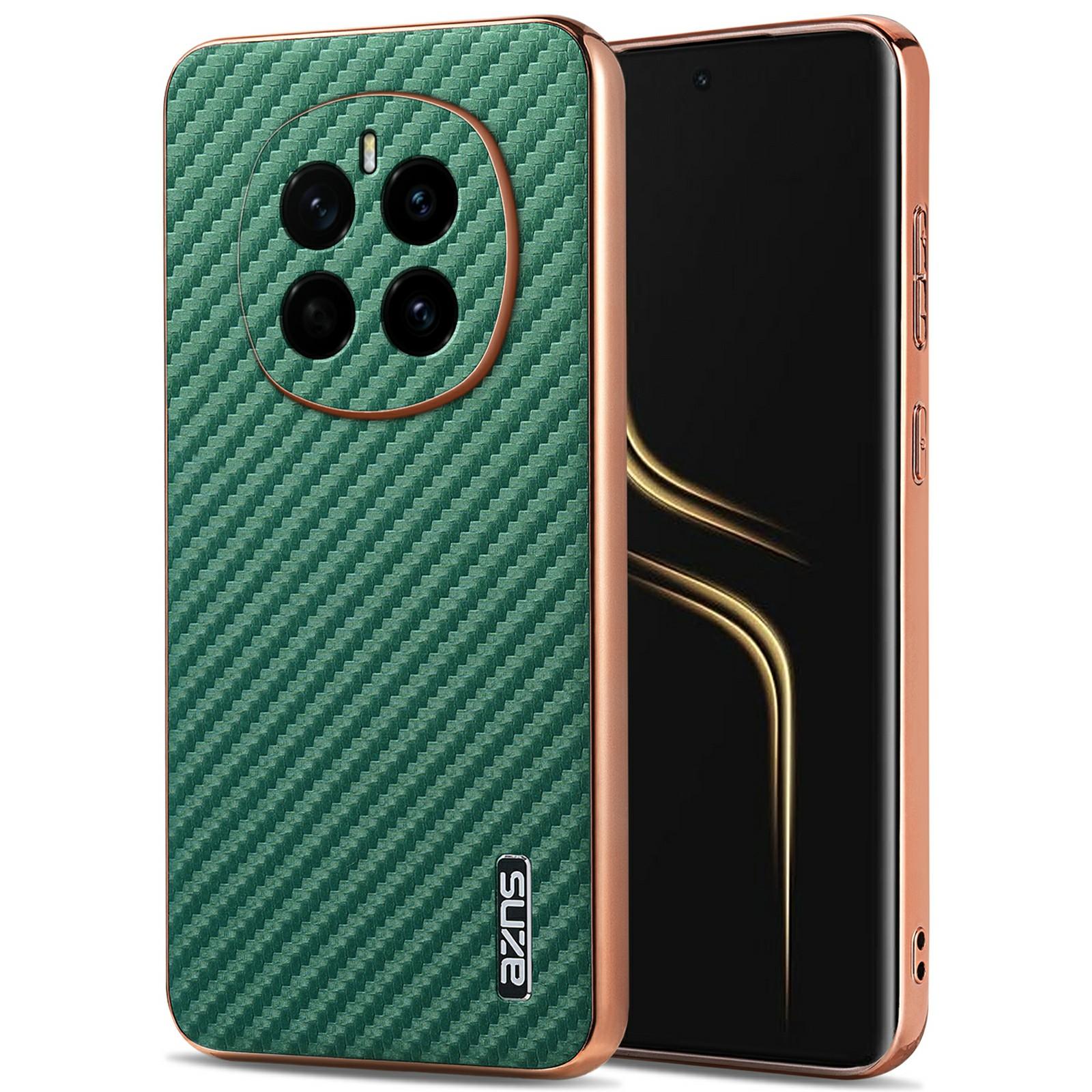 

AZNS For Honor Magic7 5G Case Electroplating Carbon Fiber Texture PU+TPU Phone Cover Green