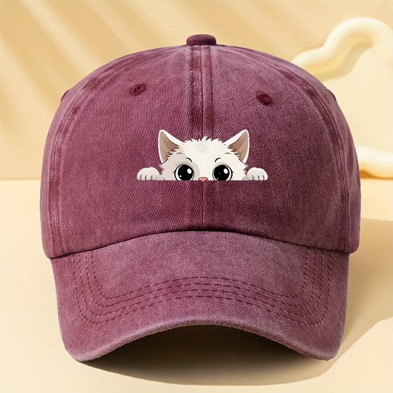 Cartoon Cat Printed Washed Retro Curved Brim Adjustable Unisex Peaked Cap