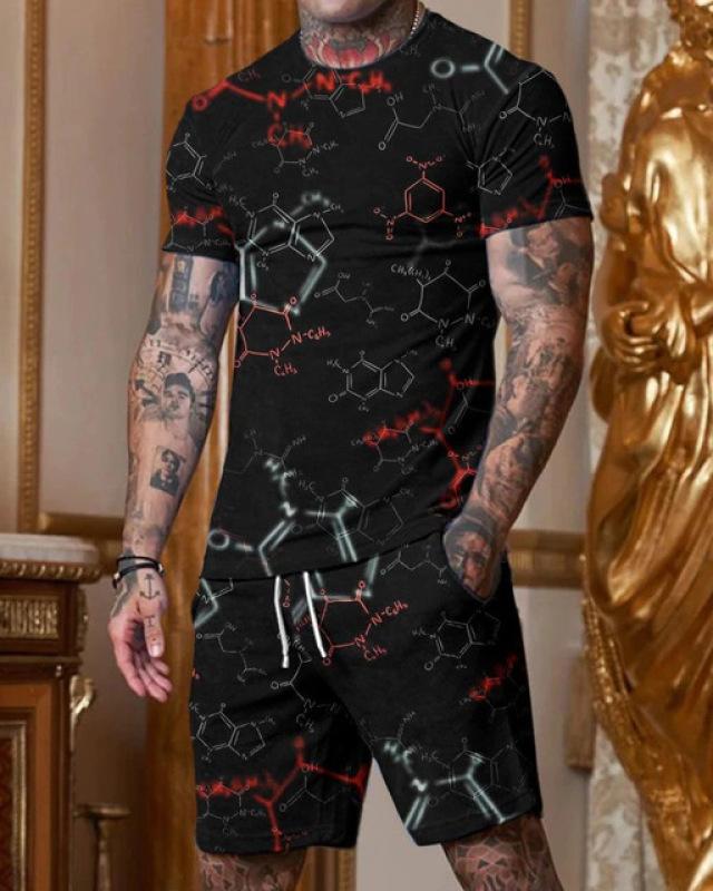 Men's Casual 2pcs Set, Coconut Palm Print T-shirt + Active Shorts Matching Set For Fitness