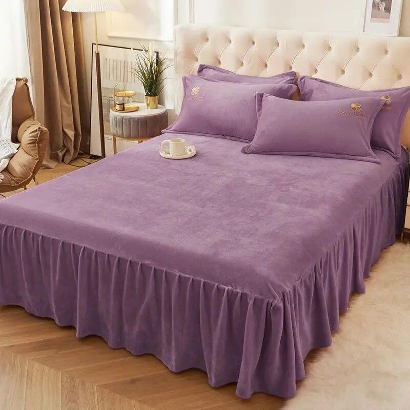 Zimní flanelová skládaná sukně na postel Zesílená teplá sukně na postel v korejském stylu Růžové přehozy protiskluzové prostěradlo na dívčí přikrývku