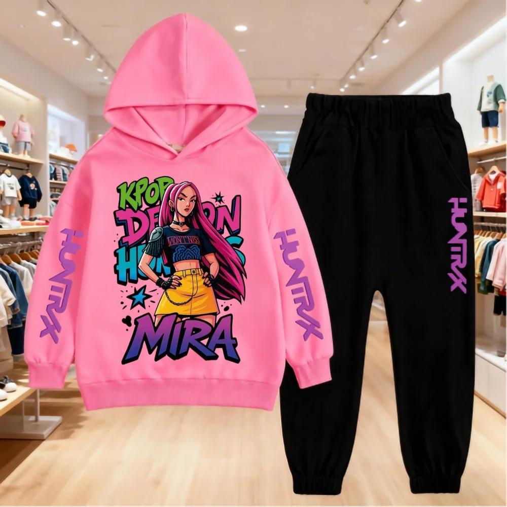 

K-pop Толстовки с принтом «Охотники на демонов» Детская одежда Детская толстовка+брюки Подходит для 5-14 лет Мальчики Девочки Розовый Черный Комплект Свитшот 140