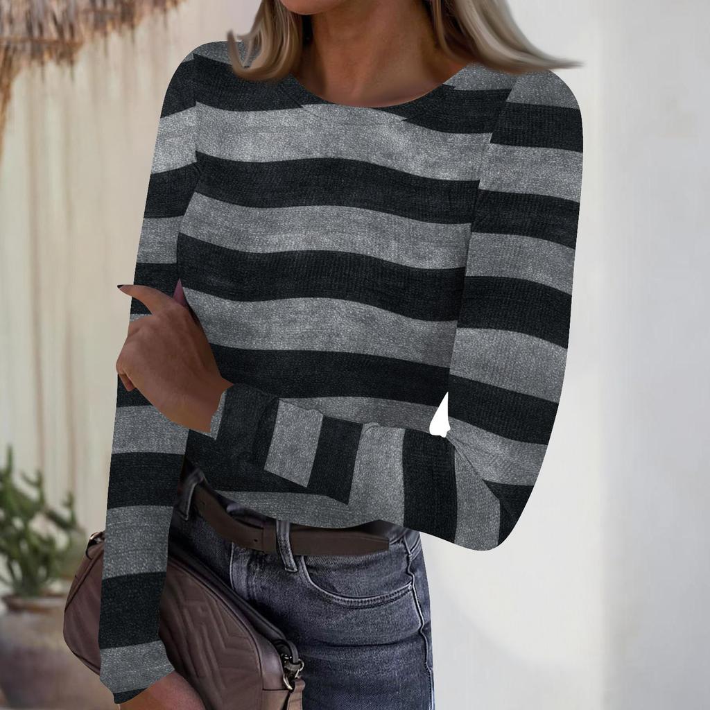 Damski casualowy modny top z okrągłym dekoltem, w paski, z długim rękawem, prążkowany