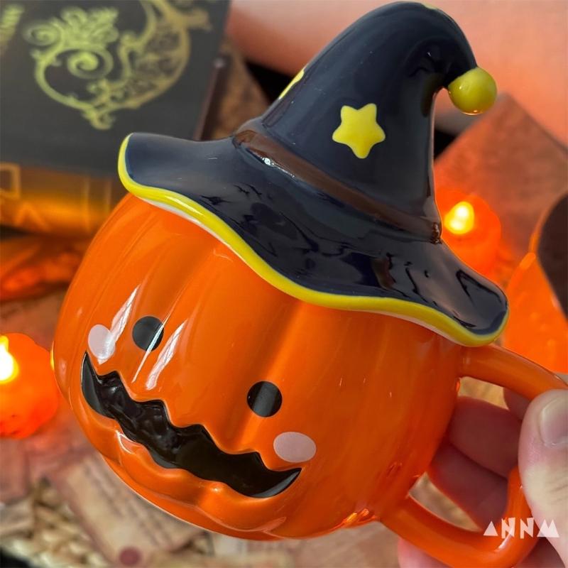 Unique Halloween Themed Ceramics Coffee Cup With Detachable Witch Hat Cover Pumpkin Shape Mug For Hot Beverages Gift