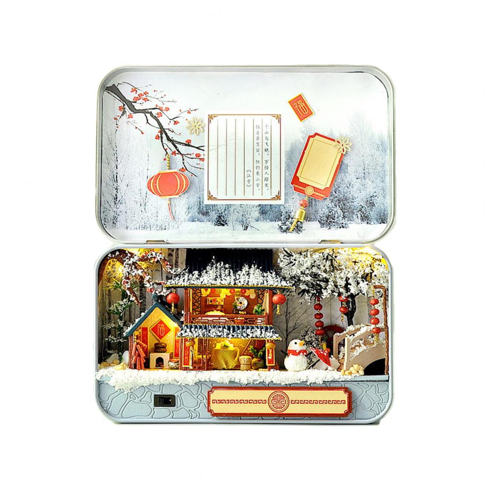 

Зимний миниатюрный декор для дома, набор для самостоятельного изготовления миниатюрного дома, сезонные украшения для миниатюрного дома ручной работы из железной коробки со светодиодами для самостоятельного изготовления