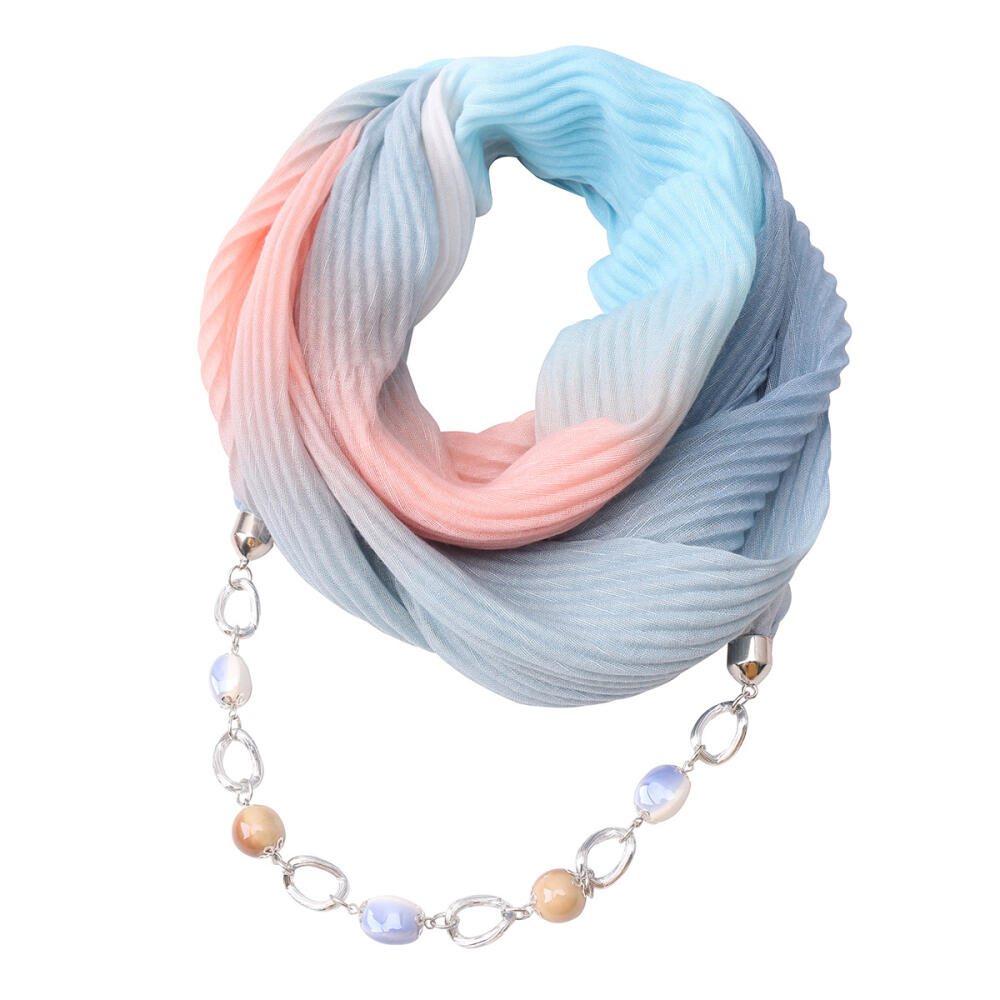 Stylish Cotton Linen Infinity Scarf with Beaded Chain Necklace – Women’s Gradient Color Scarf for Boho & Casual Fashion