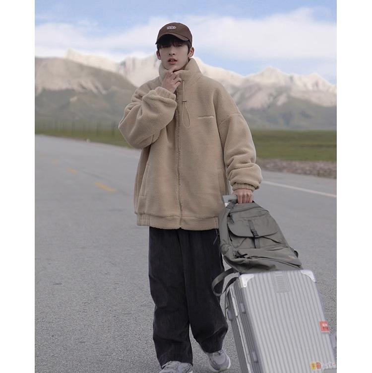 Men's Thickened Cotton-Padded Fleece Jacket, Stand Collar, Loose Fit, Warm Outerwear for Fall/Winter Students.