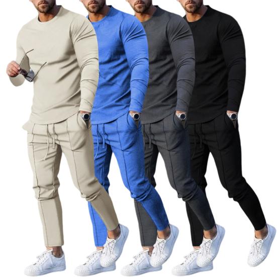 2Pcs/Set O-neck Long Sleeve Mid-rise Elastic Waistband Pockets Men Outfit Spring Autumn Solid
