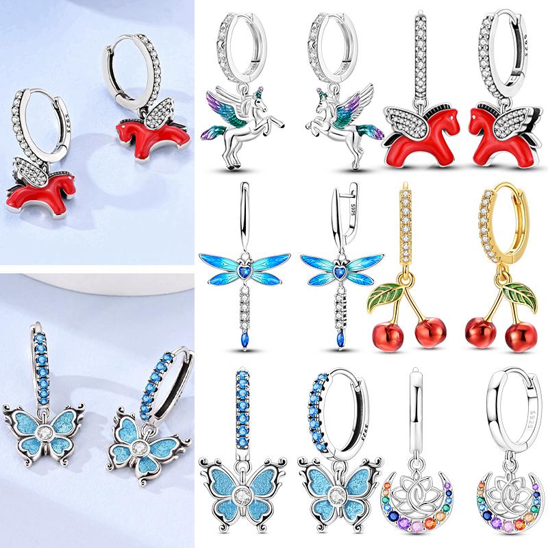925 Sterling Silver Pendant Earrings for Women Wedding Jewelry Gift Sweet Cherry Butterfly Dragonfly Pony Drop Earrings Eardrop