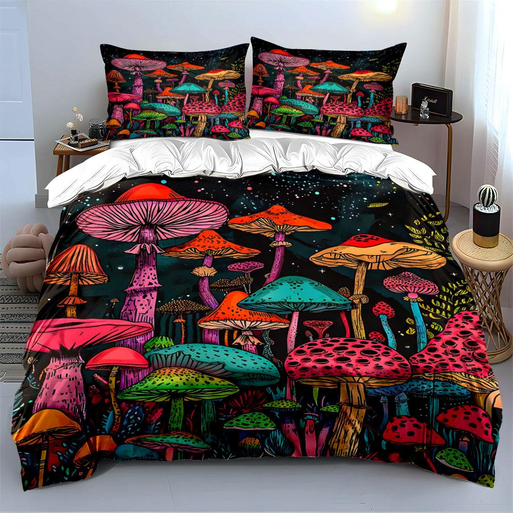 Colorful Mushroom Forest Print Bedding Duvet Cover Set Duvet Cover Pillowcases (1 * Duvet Cover 2 * Pillowcases, without duvet insert)