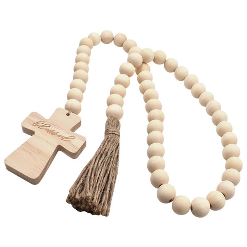 Cross Wood Bead Garlands with Tassels Decorative Birthday New Year Party Decor