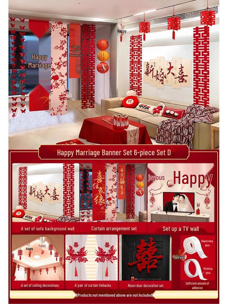 Double Happiness Wedding Room Cloth Banner Set for Ceremony and Hotel Décor