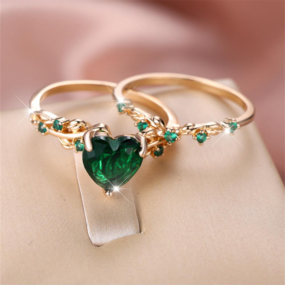 Königsblau Grün Schwarz Rot Stein Herz Ring Sets Für Damen Roségold Farbe Weiß Zirkon Braut Eheringe Muttertagsschmuck